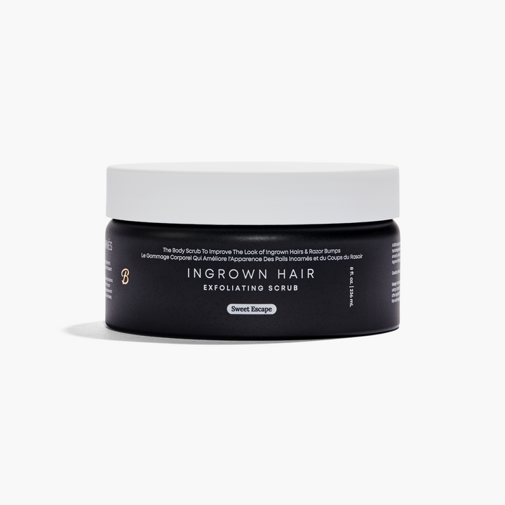 Container of ingrown hair exfoliating scrub on a white background.